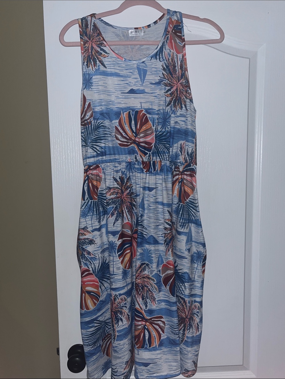 Ours Tropical Print Blue & Coral Sleeveless Women's Dress